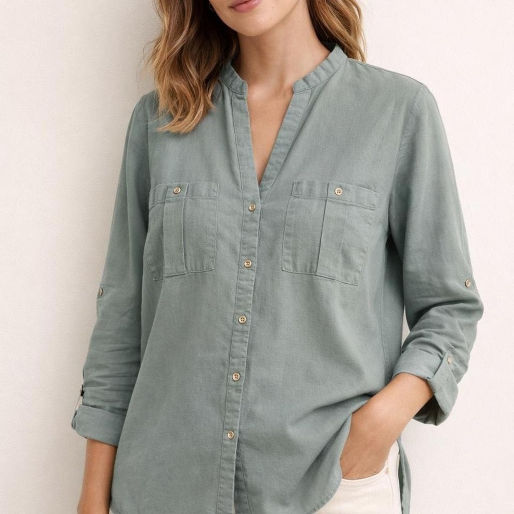 Zara Linen Long Sleeve Button Up Blouse Sage Green Pockets Lightweight Size XXL